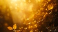 Generative AI Beautiful blurred autumn background with yellowgold leaves in the rays of sunlight on a dark natural Royalty Free Stock Photo