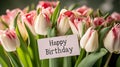 Generative AI Beautiful bouquet of tulip flowers with Happy Birthday card on light background, closeup business co Royalty Free Stock Photo