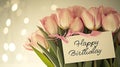 Generative AI Beautiful bouquet of tulip flowers with Happy Birthday card on light background, closeup business co Royalty Free Stock Photo