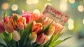 Generative AI Beautiful bouquet of tulip flowers with Happy Birthday card on light background closeup business con Royalty Free Stock Photo