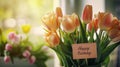Generative AI Beautiful bouquet of tulip flowers with Happy Birthday card on light background closeup business con Royalty Free Stock Photo