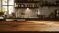 Generative AI beautiful brown wood table top kitchen interior background and blurred defocused with daylight flare Royalty Free Stock Photo