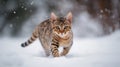 Generative AI. A beautiful cat running outside in the snow