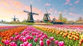 Generative AI Beautiful colorful spring landscape in Netherlands, Europe. Famous windmills in Kinderdijk village w Royalty Free Stock Photo