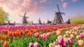 Generative AI Beautiful colorful spring landscape in Netherlands, Europe. Famous windmills in Kinderdijk village w Royalty Free Stock Photo