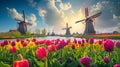 Generative AI Beautiful colorful spring landscape in Netherlands, Europe. Famous windmills in Kinderdijk village w Royalty Free Stock Photo