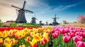 Generative AI Beautiful colorful spring landscape in Netherlands, Europe. Famous windmills in Kinderdijk village w Royalty Free Stock Photo