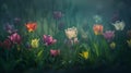 Generative AI Beautiful colorful Tulips in the foggy morning light in garden business concept. Royalty Free Stock Photo