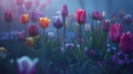 Generative AI Beautiful colorful Tulips in the foggy morning light in garden business concept. Royalty Free Stock Photo