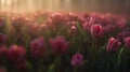 Generative AI Beautiful colorful Tulips in the foggy morning light in garden business concept. Royalty Free Stock Photo