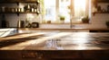 Generative AI Beautiful empty brown wooden table top and blurred defocused modern kitchen interior background with Royalty Free Stock Photo