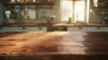 Generative AI Beautiful empty brown wooden table top and blurred defocused modern kitchen interior background with Royalty Free Stock Photo