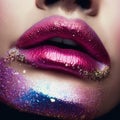 Generative AI. Beautiful glitter lips, Hyperreal, holographic silver pink glitter lips, glitter foreground