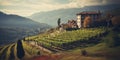 Generative AI, beautiful Italian vineyard, green landscape. Rows of vines