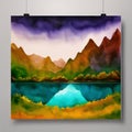 generative ai of beautiful landscape with mountains and lakes in watercolor, aquarelle look