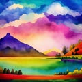 generative ai of beautiful landscape with mountains and lakes in watercolor, aquarelle look