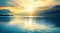 Generative AI Beautiful panoramic natural sea evening landscape with sunset over mountains Golden sunbeams reflect Royalty Free Stock Photo