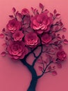 Generative AI. Beautiful Paper Craft Tree With Blooming Camellias on a Vibrant Pink Background