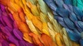 Generative AI, Beautiful rainbow colorful closeup feathers, photorealistic background, top view, aerial view.