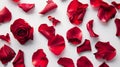 Generative AI Beautiful red rose petals on white background top view business concept. Royalty Free Stock Photo