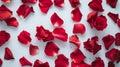 Generative AI Beautiful red rose petals on white background top view business concept. Royalty Free Stock Photo