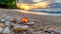 Generative AI Beautiful seashell resting on sandy beach at sunset with tranquil ocean waves in the background busi
