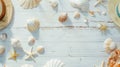 Generative AI Beautiful summer holiday beach background with some accessories and shells on white wood panel borde Royalty Free Stock Photo