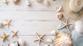 Generative AI Beautiful summer holiday beach background with some accessories and shells on white wood panel borde Royalty Free Stock Photo