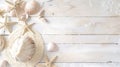 Generative AI Beautiful summer holiday beach background with some accessories and shells on white wood panel top v Royalty Free Stock Photo