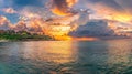 Generative AI Beautiful sunset panorama tropical island beach landscape sunrise seascape blue sea water ocean wave Royalty Free Stock Photo