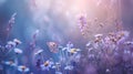 Generative AI Beautiful wild flowers chamomile, purple wild peas, butterfly in morning haze in nature close-up mac Royalty Free Stock Photo