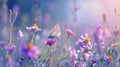 Generative AI Beautiful wild flowers chamomile, purple wild peas, butterfly in morning haze in nature close-up mac Royalty Free Stock Photo