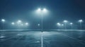 Generative AI big modern empty parking lot with bright LED street lights at night business concept. Royalty Free Stock Photo