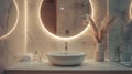 Generative AI Big round mirror over stylish washbasin in modern bathroom business concept. Royalty Free Stock Photo
