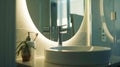 Generative AI Big round mirror over stylish washbasin in modern bathroom business concept. Royalty Free Stock Photo