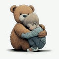 Generativo AI big teddy bear hugging a child and white background Royalty Free Stock Photo