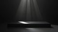 Generative AI Black abstract table stage with light beams and shadows empty stage podium for products placement an