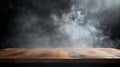 Generative AI On a black background, an empty wooden table with smoke floats up. Empty space for displaying your p Royalty Free Stock Photo