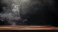 Generative AI On a black background, an empty wooden table with smoke floats up. Empty space for displaying your p Royalty Free Stock Photo