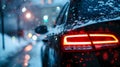 Generative AI black car rear stop light at snow covered street at snowfall closeup view with selective focus copy Royalty Free Stock Photo