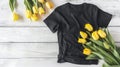 Generative AI Black tshirt mockup Template blank shirt top view White wooden background Mother women day holiday Y Royalty Free Stock Photo