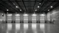 Generative AI Black and white interior of an empty warehouse with multiple loading dock doors and shiny concrete f Royalty Free Stock Photo