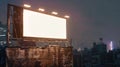 Generative AI Blank billboard with lights on the top of brick wall at night city background mock up business conce Royalty Free Stock Photo