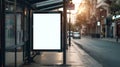 Generative AI Blank white mockup of bus stop vertical billboard in empty street business concept. Royalty Free Stock Photo