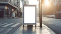 Generative AI Blank white mockup of bus stop vertical billboard in front of empty street background business conce Royalty Free Stock Photo