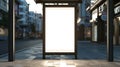 Generative AI Blank white mockup of bus stop vertical billboard in front of empty street background business conce Royalty Free Stock Photo