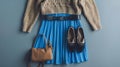Generative AI Blue midi pleated skirt beige knitted sweater small black cross body bag belt loafers flat shoes on