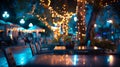 Generative AI Blur image of outdoor park restaurant with light up decoration on trees at night business concept. Royalty Free Stock Photo