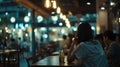 Generative AI Blur of people in night caferestaurant with lighting background business concept. Royalty Free Stock Photo