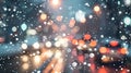 Generative AI Blurred background City view lights falling snow night street bokeh spots of headlights of moving ca Royalty Free Stock Photo